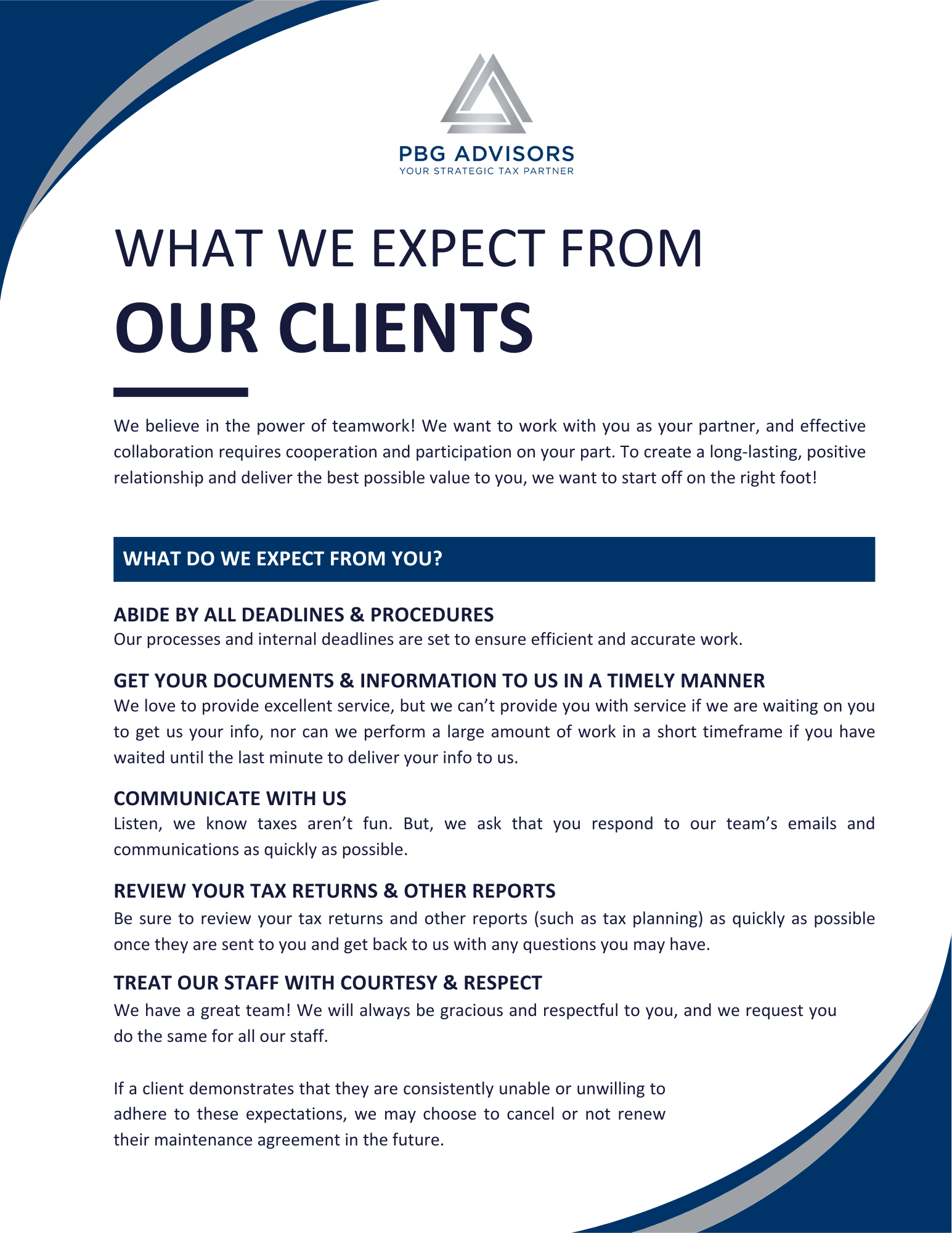 What we expect from our clients at PBG Advisors