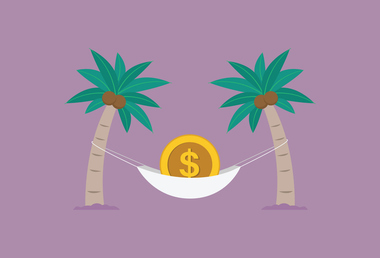 Illustration of a dollar sign relaxing in a hammock between palm trees representing proactive year-round tax planning.