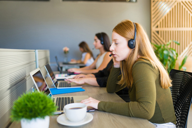 Office employees working at computers, representing exempt and nonexempt employee classifications in the workplace.